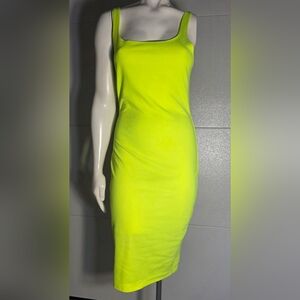 Zara Neon Yellow Midi Dress Sleeveless Stretch Bodycon Sz L Womens